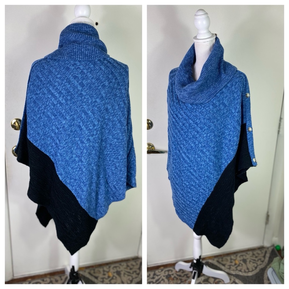 Tint & Shadow women Sz L/XL Cowl neck Poncho Blue Black Sweater button detail